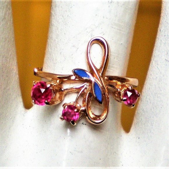 Vintage Russian Russia 14K 583 Rose Pink Gold Ruby Cluster Enamel Flower Ring - Picture 3 of 7